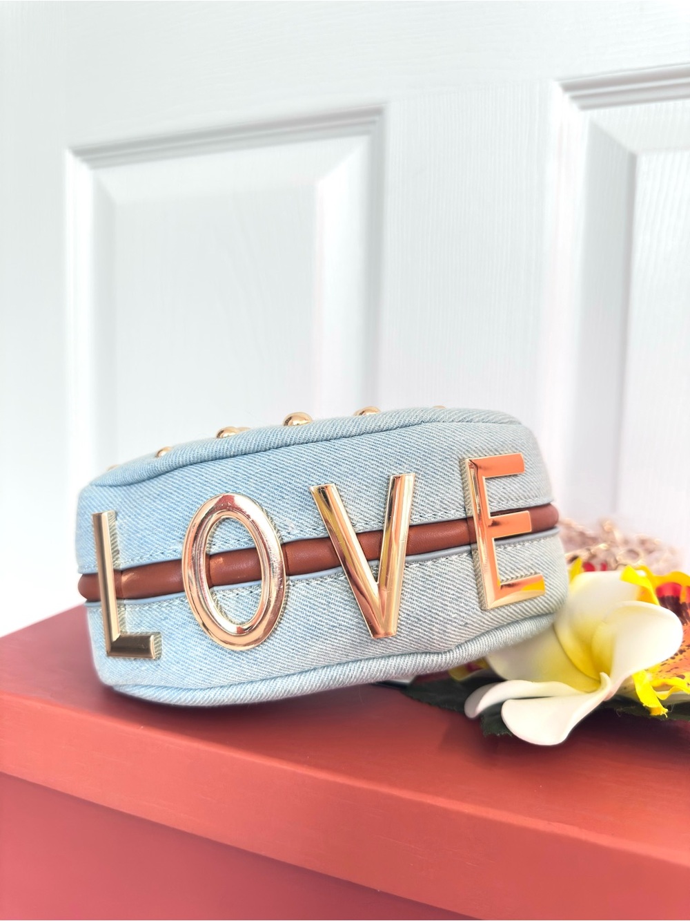 LE MIEL ~ Light Wash Denim Gold Studded Mini Bag w/Crossbody Chain Vegan PU - Picture 9 of 11